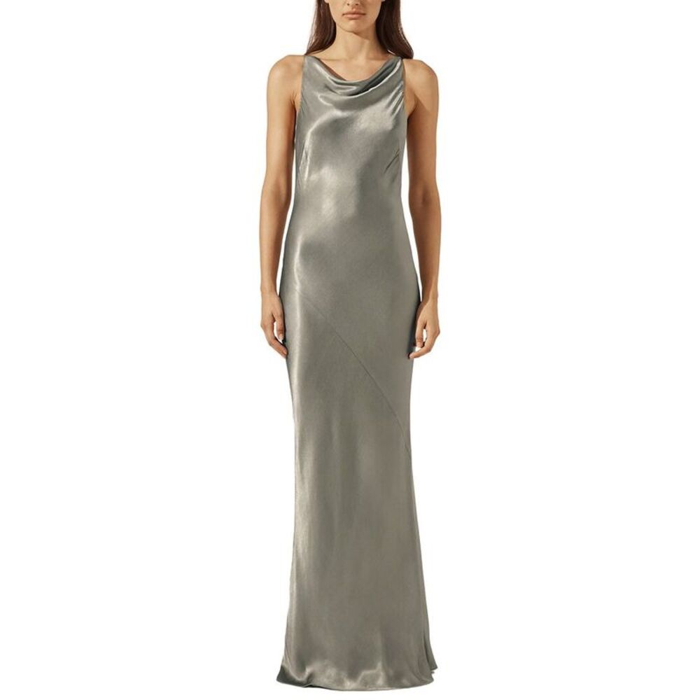 Shona Joy Silver Satin Cowl Neck Maxi Dress